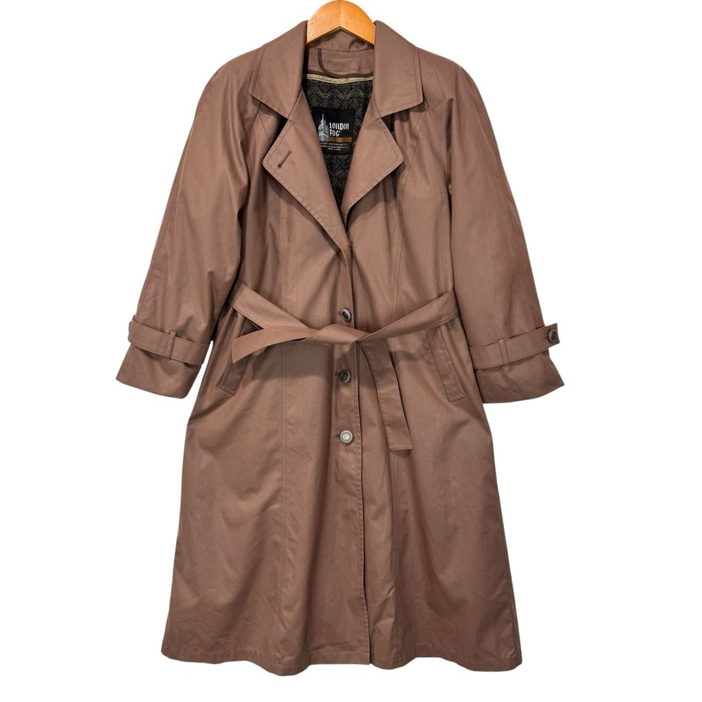 Vintage London Fog Womens 4P Brown Trench Coat Belted Wamsutta Made USA Raincoat